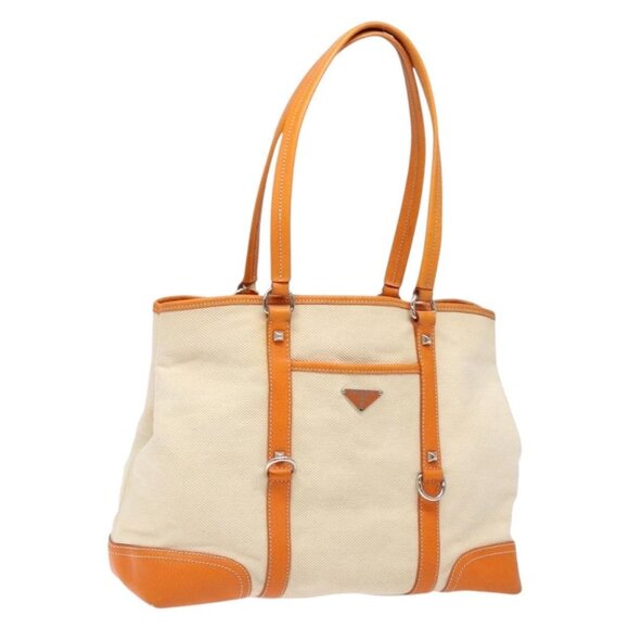 PRADA Hand Bag Canvas Beige Silver Auth 137717 - Picture 1 of 16